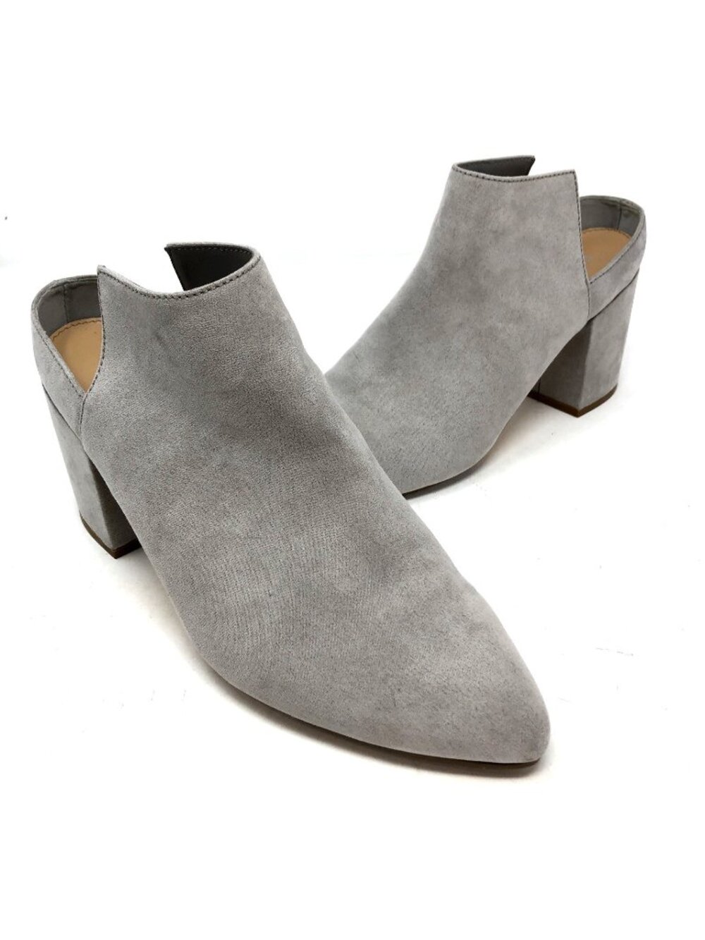 Express Shoes Womens 9 Gray Faux Suede Block Heels Pointed Toe Mules Slip Ons
